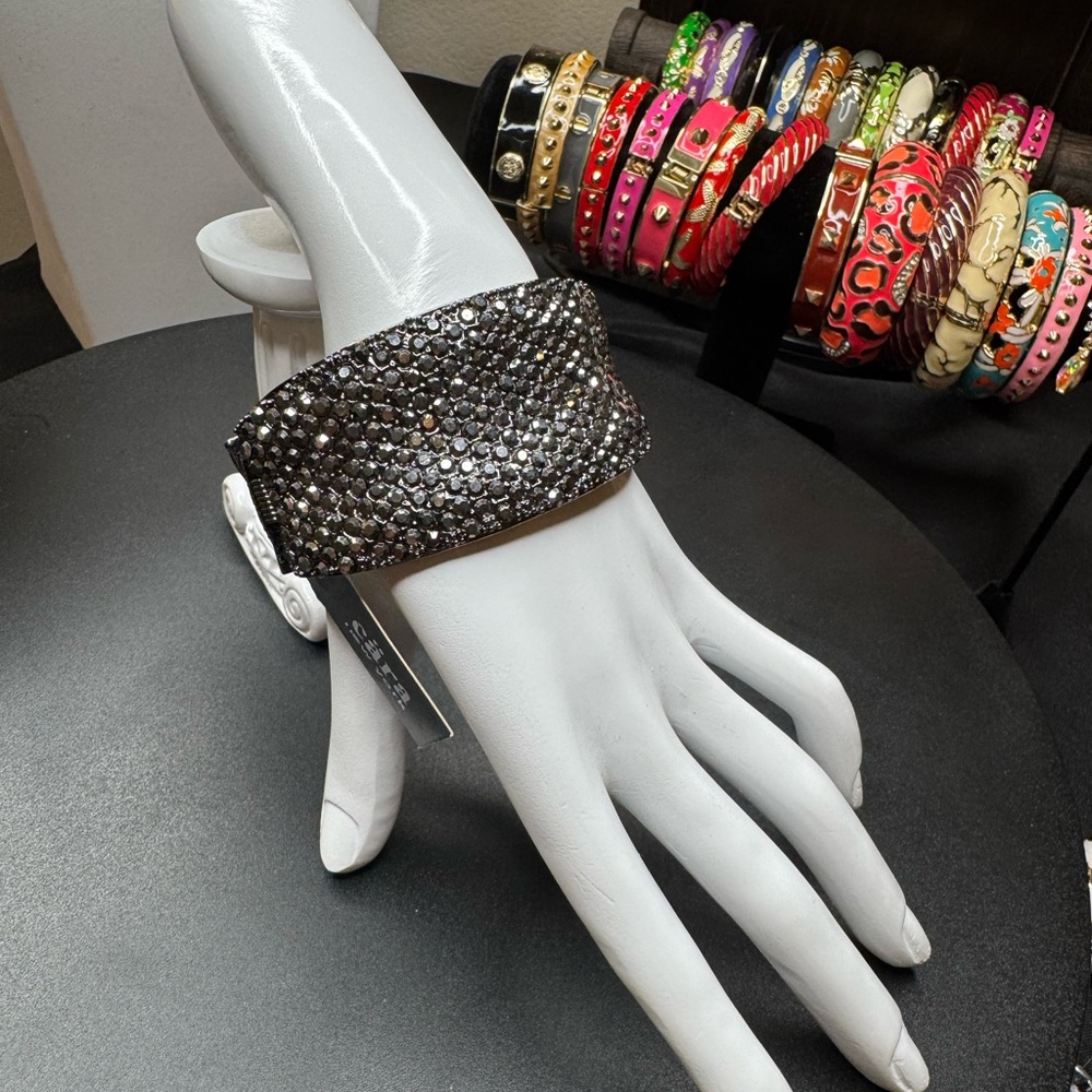 Cara New York Gunmetal Black Crystal Wide Cuff Bracelet – Glam Statement Piece